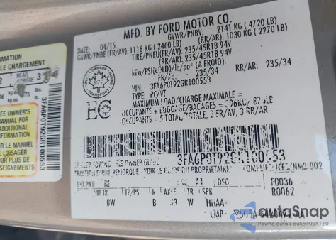 2016 Ford Fusion Se из США, поврежденный, VIN 3FA6P0T92GR100553